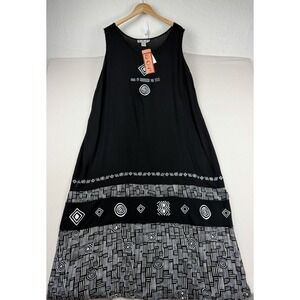 B.O.P. Geometric Black Tribal Print Maxi Dress 2X Embroidered NWT Crinkle Fabric